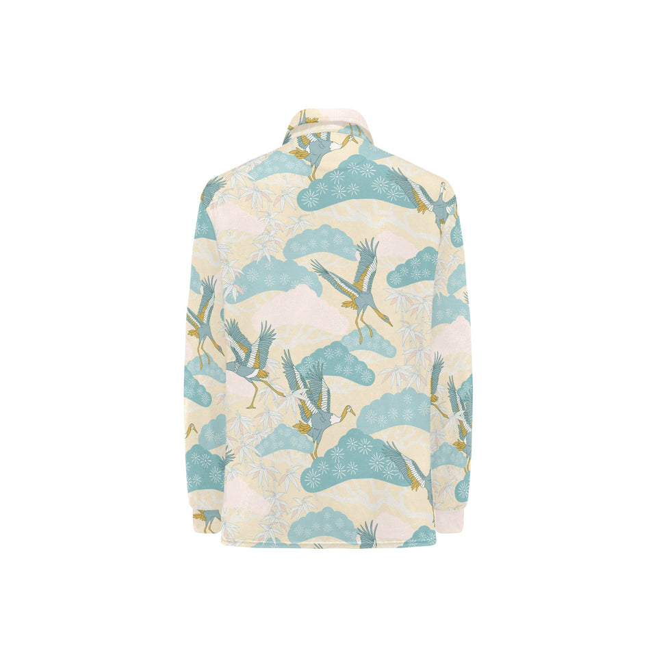 Bonsai bamboo stork japanese pattern cream theme Women's Long Sleeve Polo Shirt