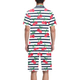 Hand drawn cherry pattern striped background Men's V-Neck Short Pajama Set