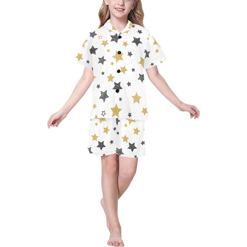 hand drawn gold black star pattern Kids' Boys' Girls' V-Neck Short Pajama Set