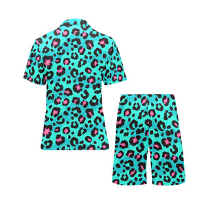 Green leopard skin print pattern Men's V-Neck Short Pajama Set