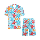 Blue red orange starfish pattern Men's V-Neck Short Pajama Set