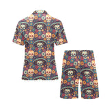 Sugar skulls flower maxican pattern Men's V-Neck Short Pajama Set