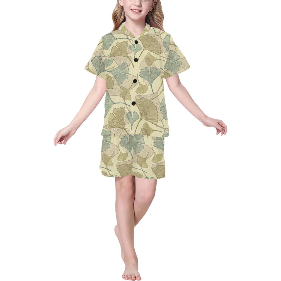 Ginkgo leaves design pattern Kids' Boys' Girls' V-Neck Short Pajama Set