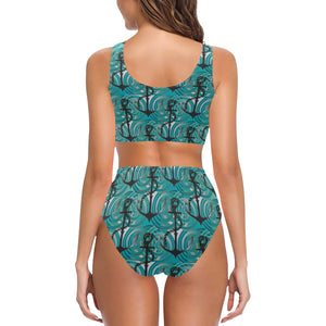 Anchor nautical green background Chest Bowknot High Waisted Bikini Swimsuit