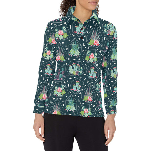 Cactus glass terrarium pattern Women's Long Sleeve Polo Shirt