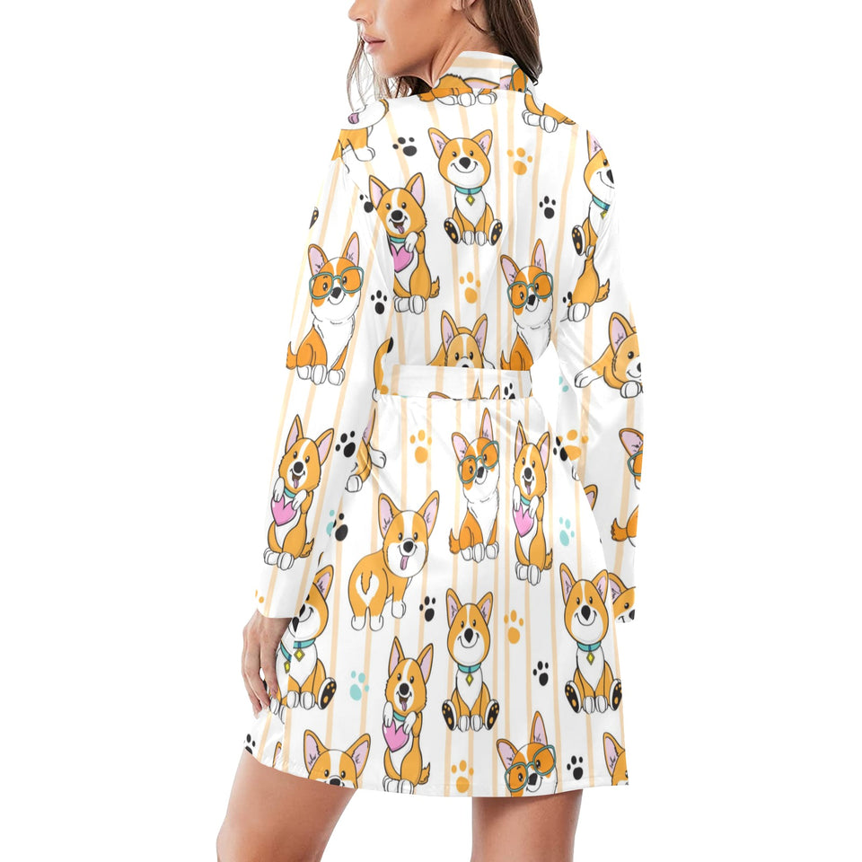 Cute dog corgi striped background pattern Women's Long Sleeve Belted Night Robe