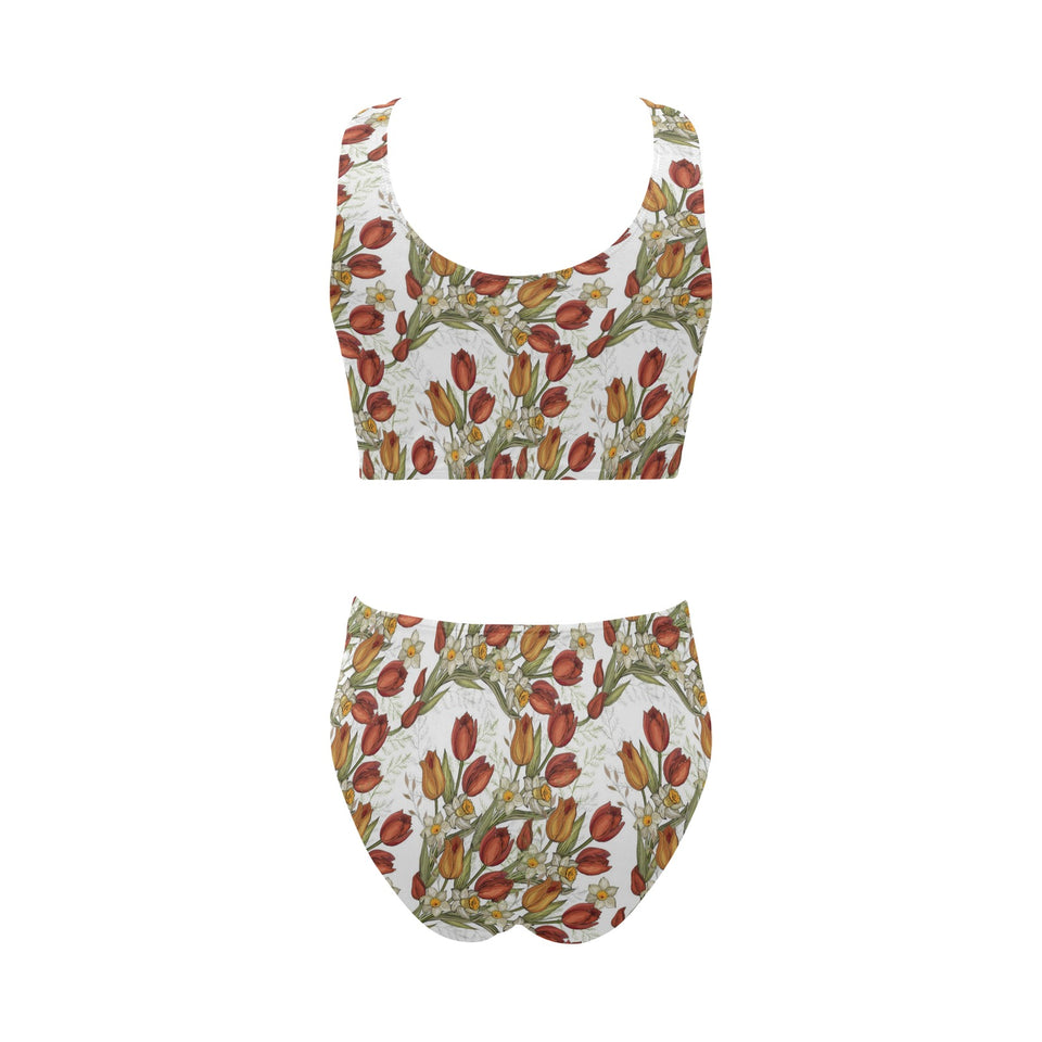 Red tulips and daffodils pattern Chest Bowknot High Waisted Bikini Swimsuit