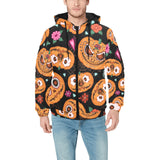 Pumpkin flowers spiderweb Halloween theme Men's Padded Hooded Jacket