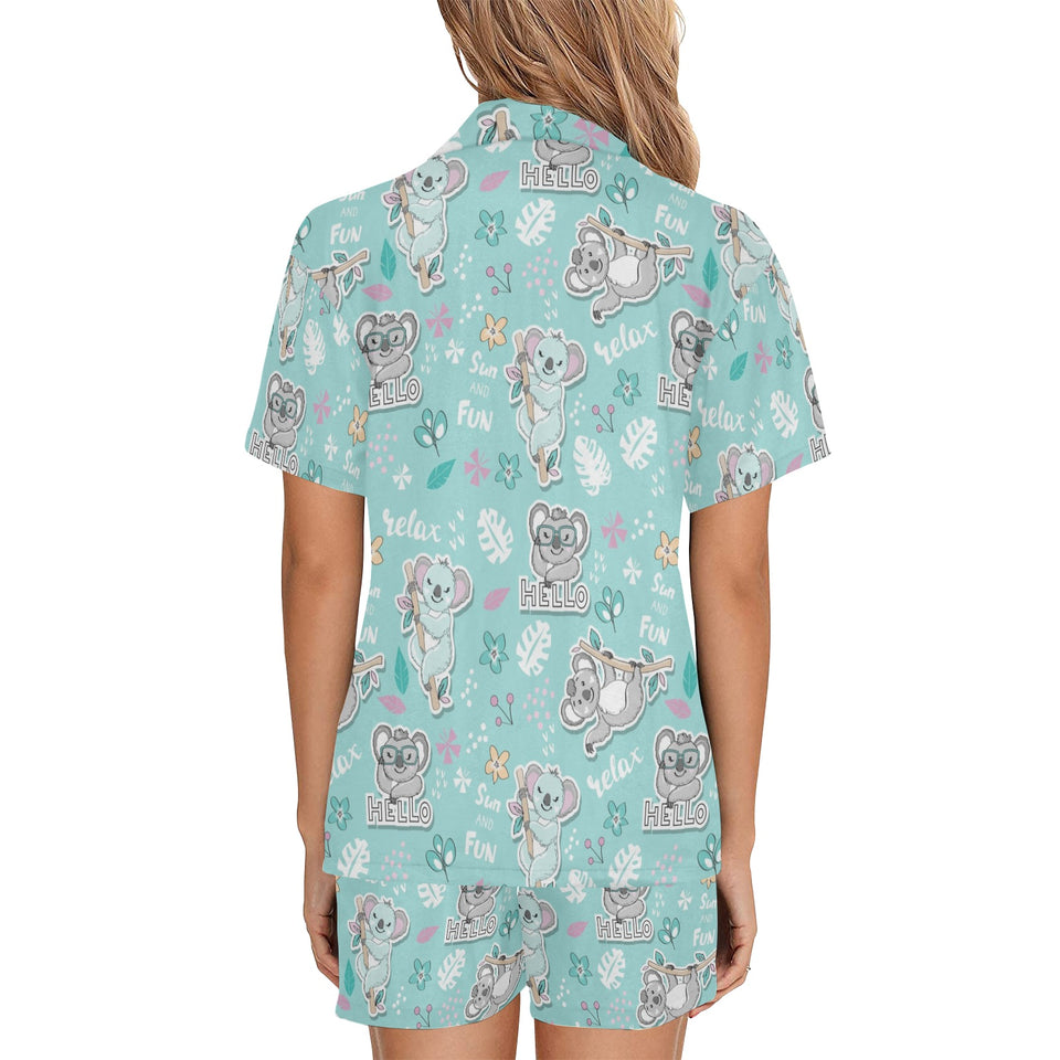 Cute koalas blue background pattern Women's V-Neck Short Pajama Set