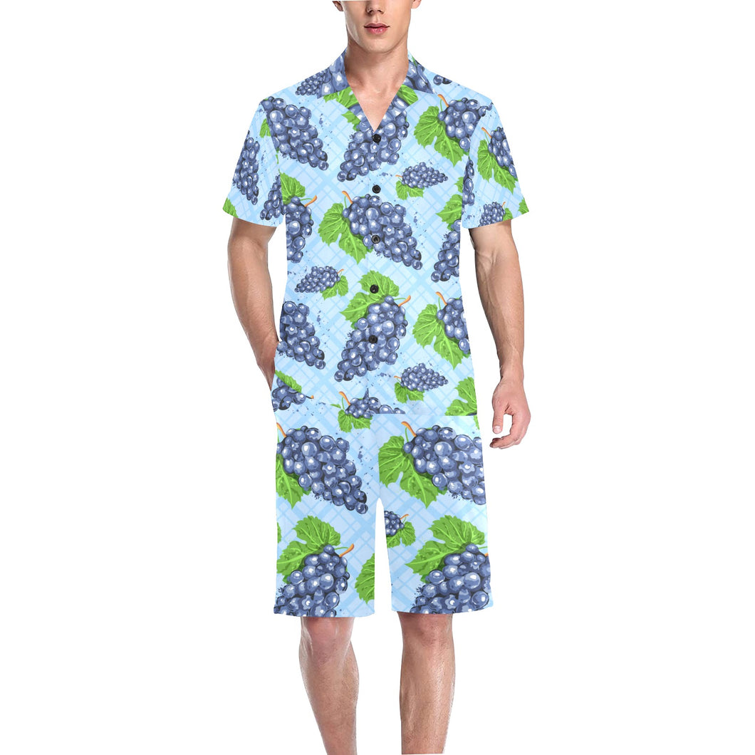 Watercolor grape pattern Men's V-Neck Short Pajama Set