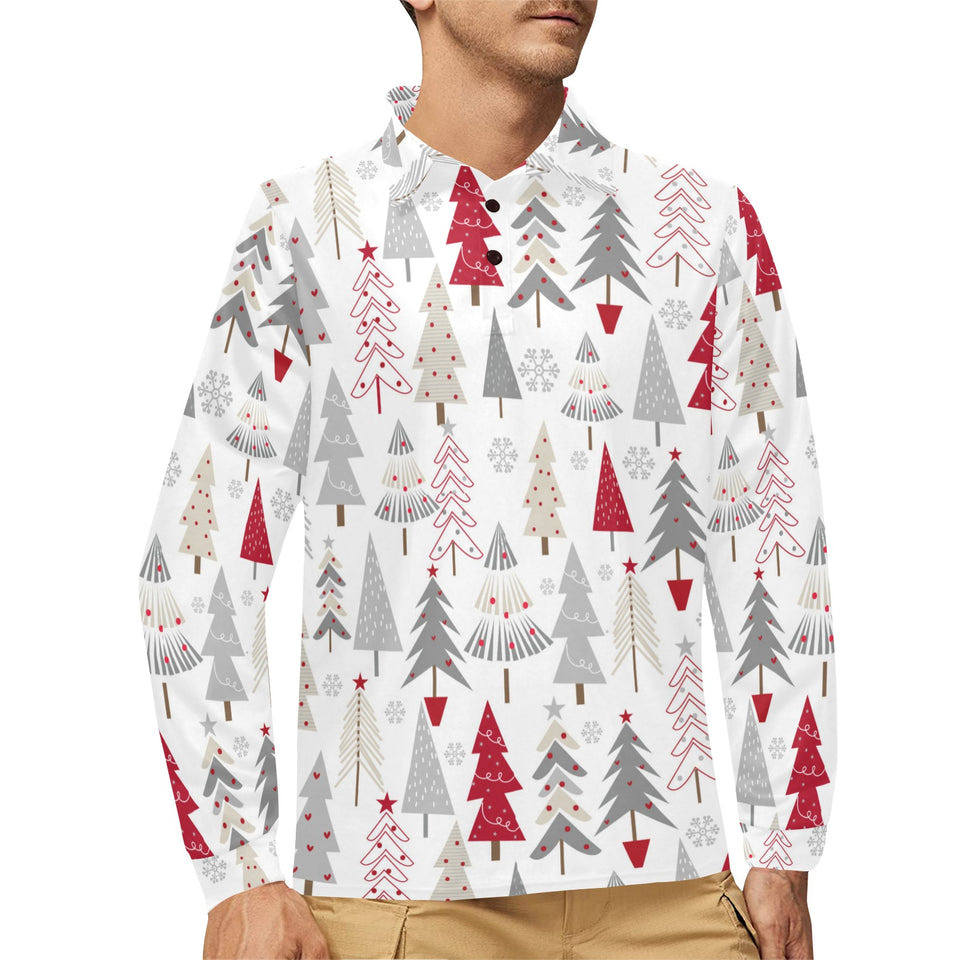 Cute Christmas tree pattern Men's Long Sleeve Polo Shirt