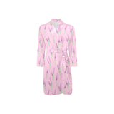 Lavender pattern pink background Men's Long Sleeve Belted Night Robe