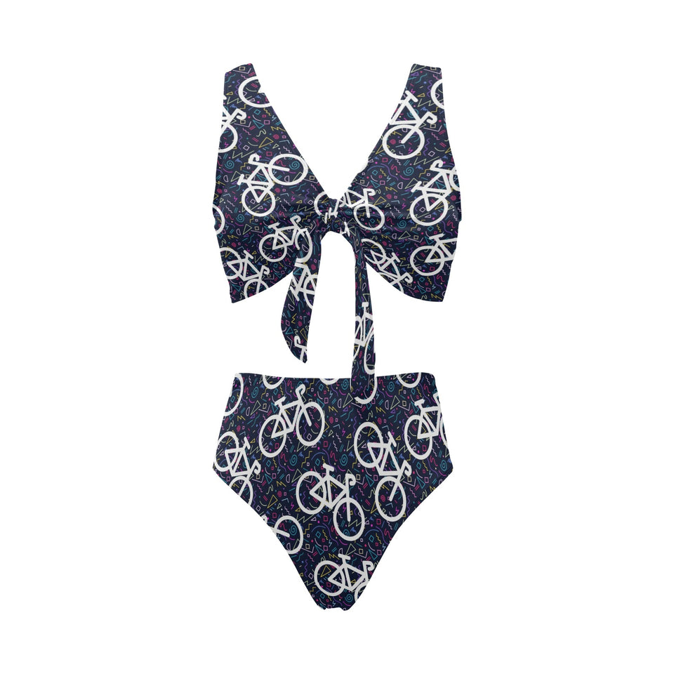 Bicycle Pattern Print Design 03 Chest Bowknot High Waisted Bikini Swimsuit