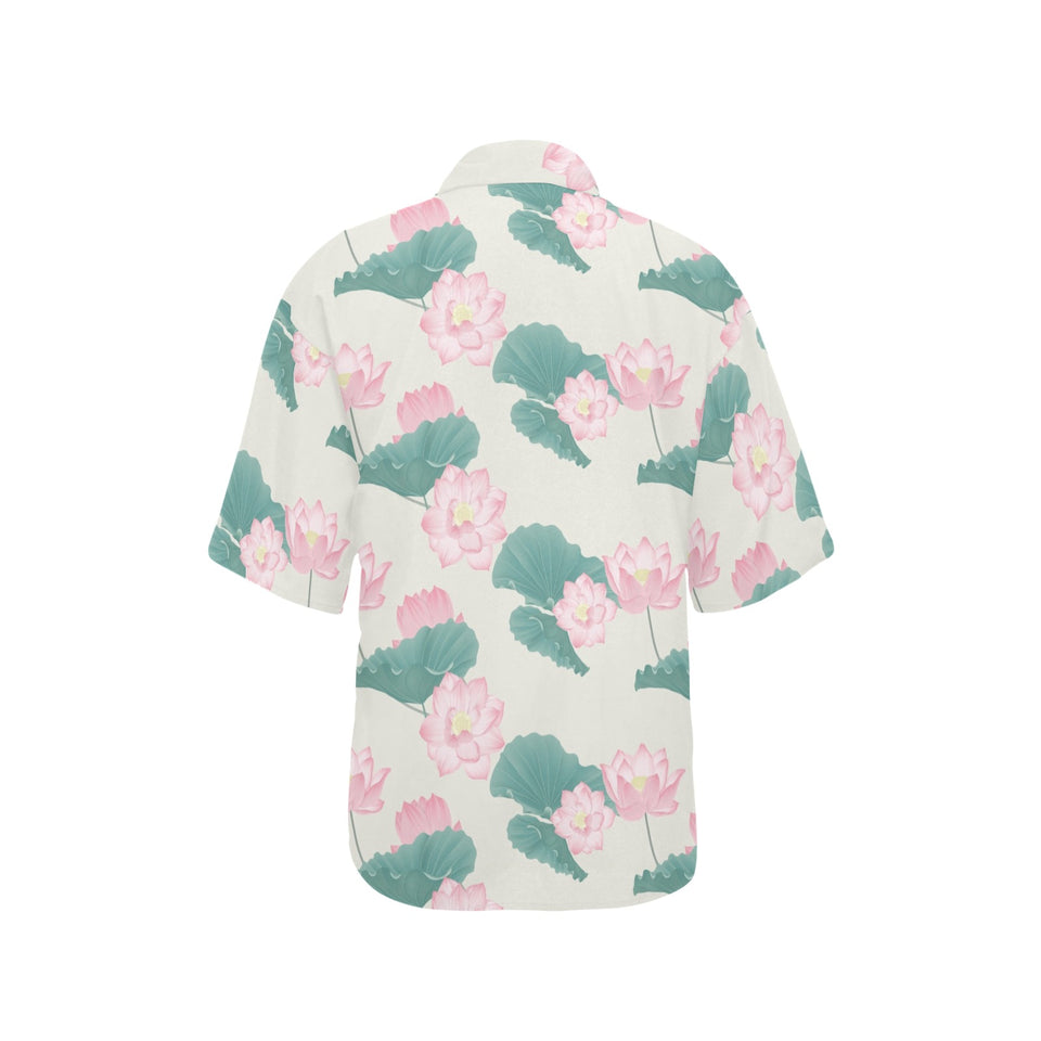 Pink lotus waterlily leaves pattern Women's All Over Print Hawaiian Shirt