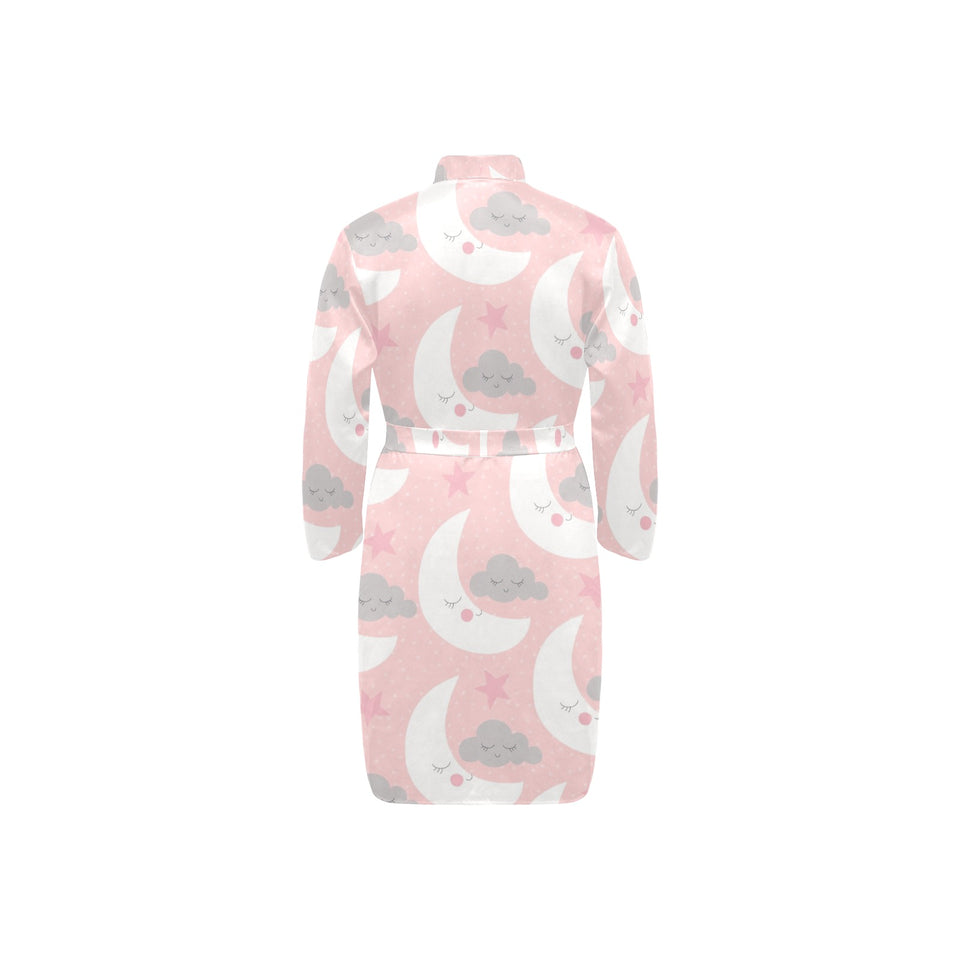 Cute moon cloud star pattern pink dot background Men's Long Sleeve Belted Night Robe
