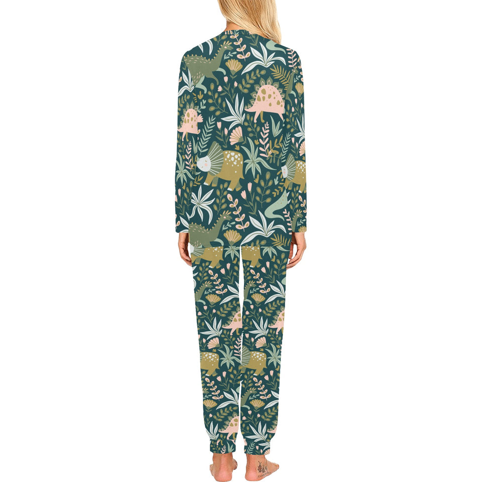 dinosaurs tropical leaves flower pattern Women's All Over Print Pajama Set