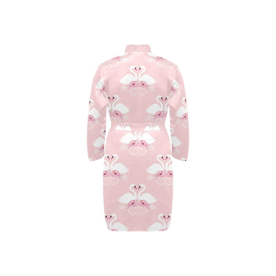 White swan and flower love pattern Men's Long Sleeve Belted Night Robe