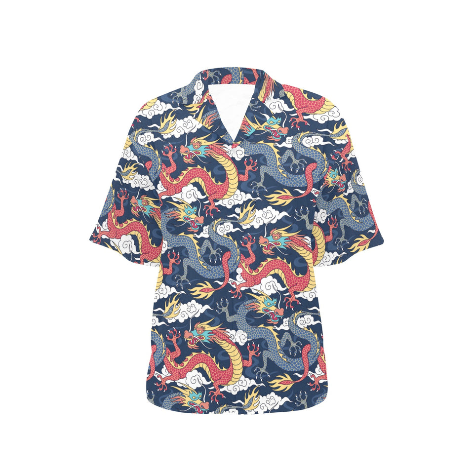 Blue red dragon cloud pattern Women's All Over Print Hawaiian Shirt