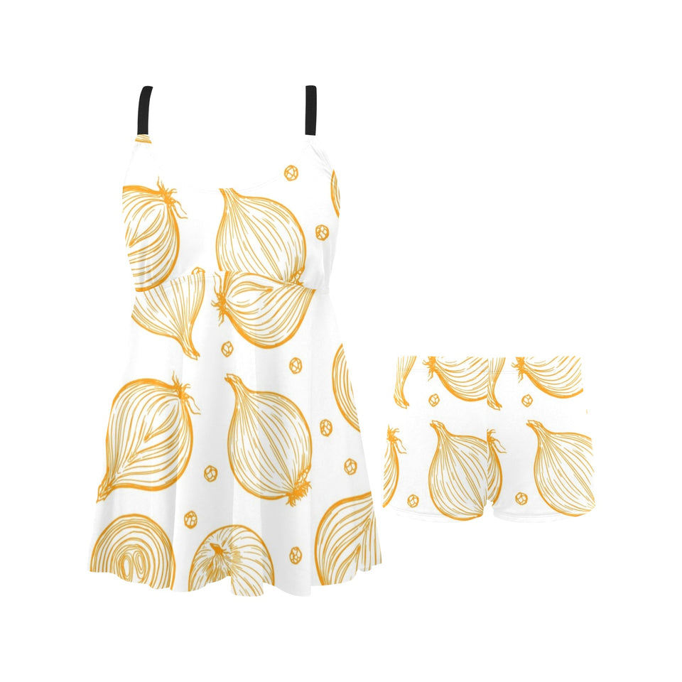 hand drawn onion pattern Chest Sexy Pleated Two Piece Swim Dress