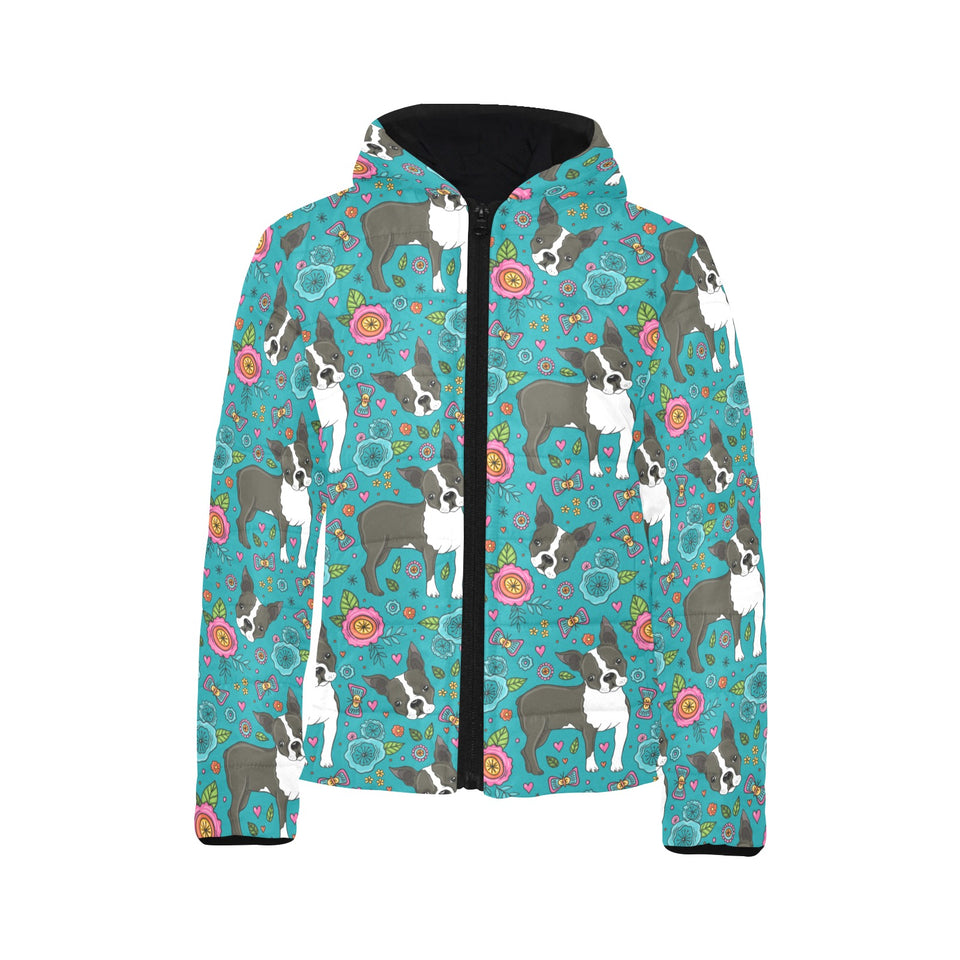 Boston terrier beautiful flower pattern Kids' Boys' Girls' Padded Hooded Jacket