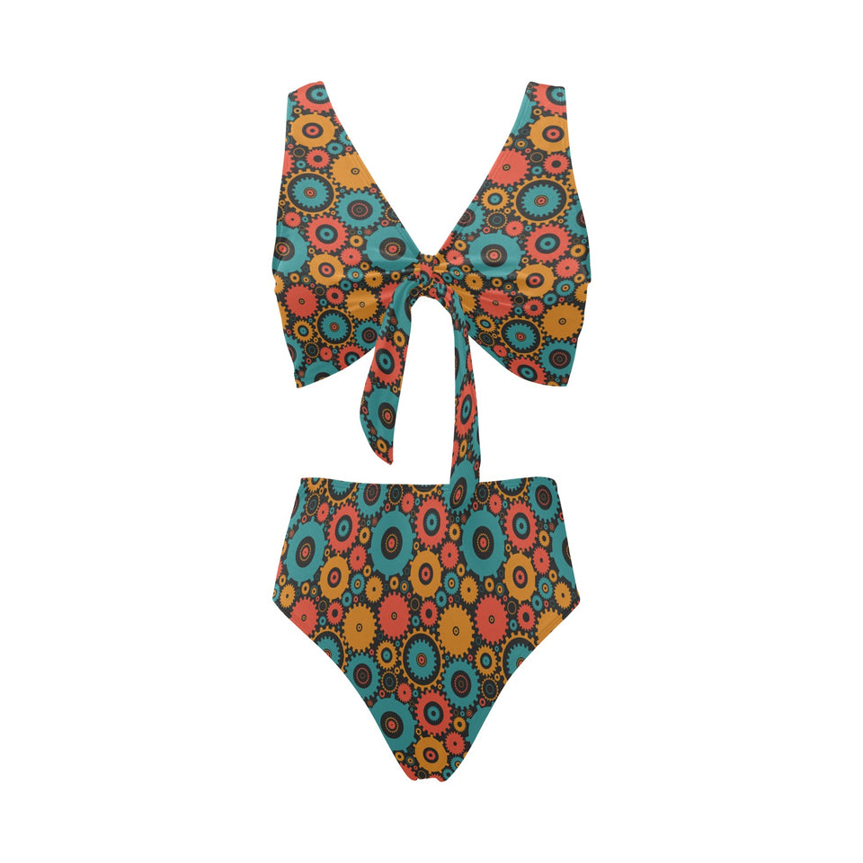Gear Pattern Print Design 01 Chest Bowknot High Waisted Bikini Swimsuit