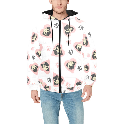 Cute pugs pink heart paw pattern Men's Padded Hooded Jacket