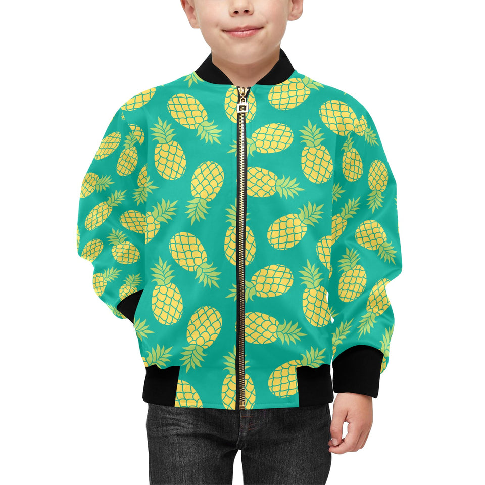 Pineapples pattern green background Kids' Boys' Girls' Bomber Jacket