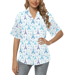 Blue Eiffel Tower Theme Pattern Print Design 01 Women's All Over Print Hawaiian Shirt