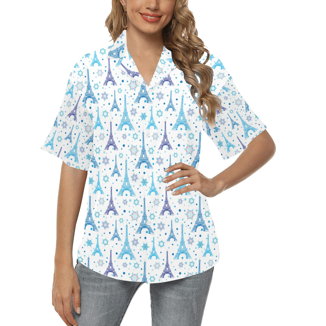 Blue Eiffel Tower Theme Pattern Print Design 01 Women's All Over Print Hawaiian Shirt