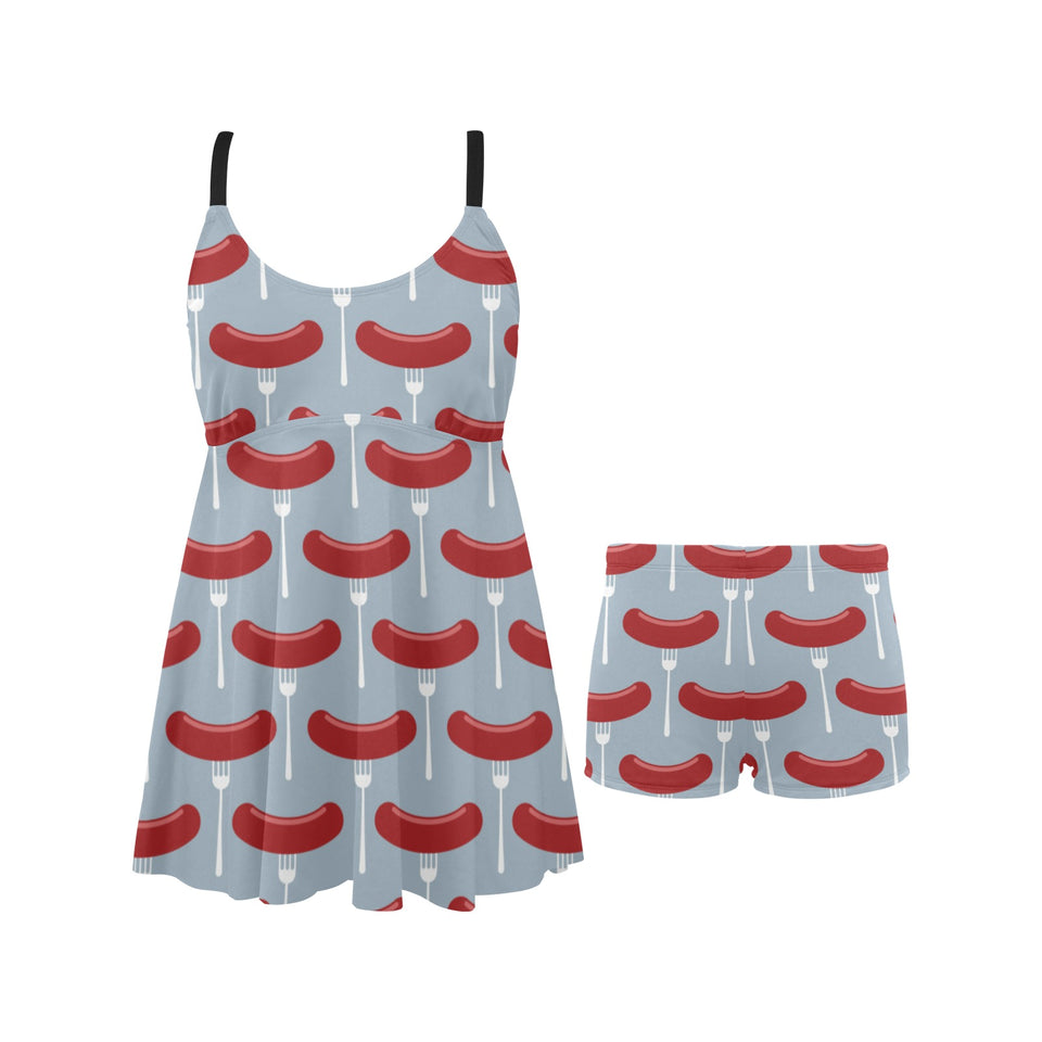 Sausage Pattern Print Design 02 Chest Sexy Pleated Two Piece Swim Dress