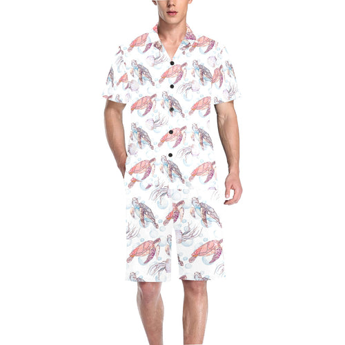 Watercolor sea turtle jellyfish pattern Men's V-Neck Short Pajama Set