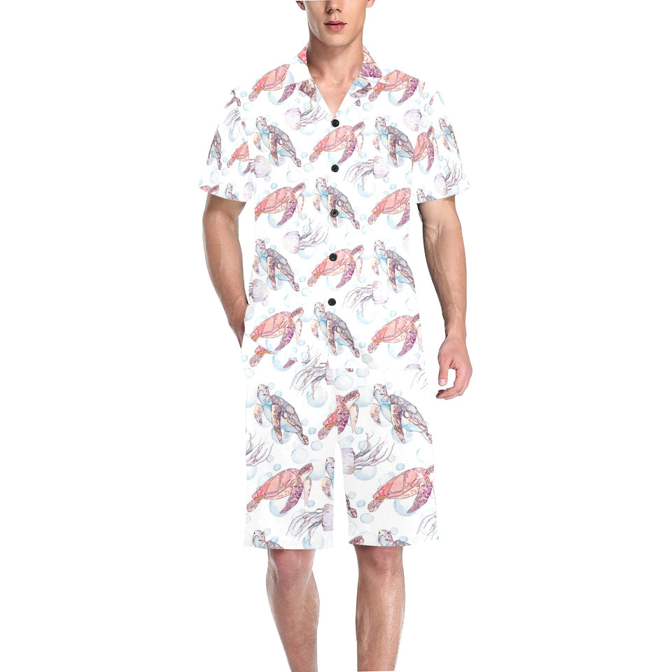 Watercolor sea turtle jellyfish pattern Men's V-Neck Short Pajama Set