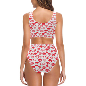 Lips Pattern Print Design 05 Chest Bowknot High Waisted Bikini Swimsuit