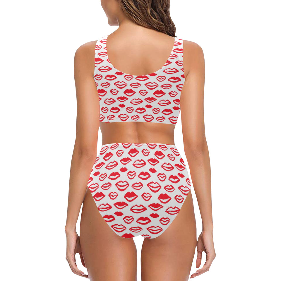 Lips Pattern Print Design 05 Chest Bowknot High Waisted Bikini Swimsuit
