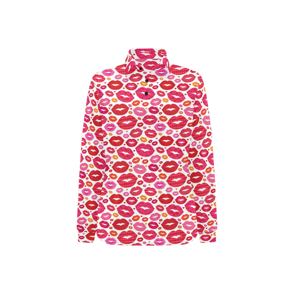 Lips Pattern Print Design 01 Women's Long Sleeve Polo Shirt