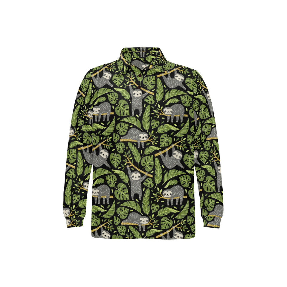 Cute sloths tropical palm leaves black background Men's Long Sleeve Polo Shirt