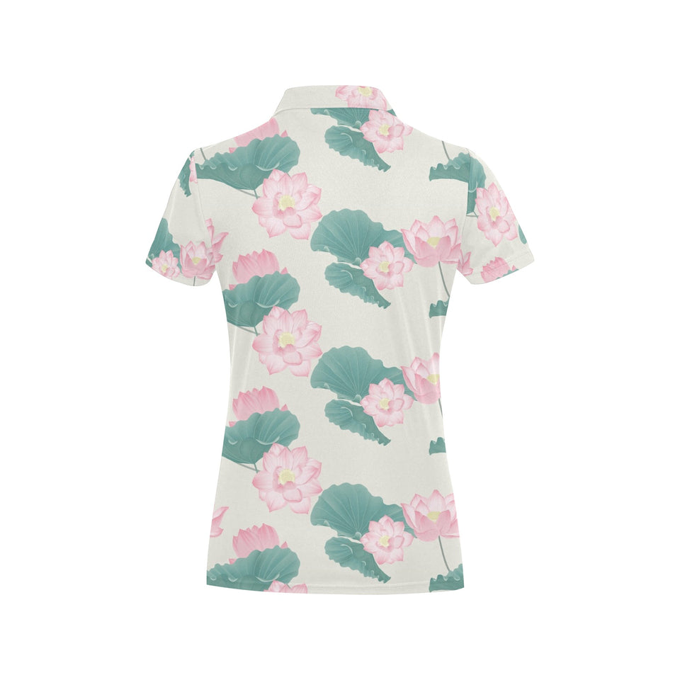 Pink lotus waterlily leaves pattern Women's All Over Print Polo Shirt