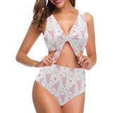 Hand drawn ice cream pattern Chest Bowknot High Waisted Bikini Swimsuit