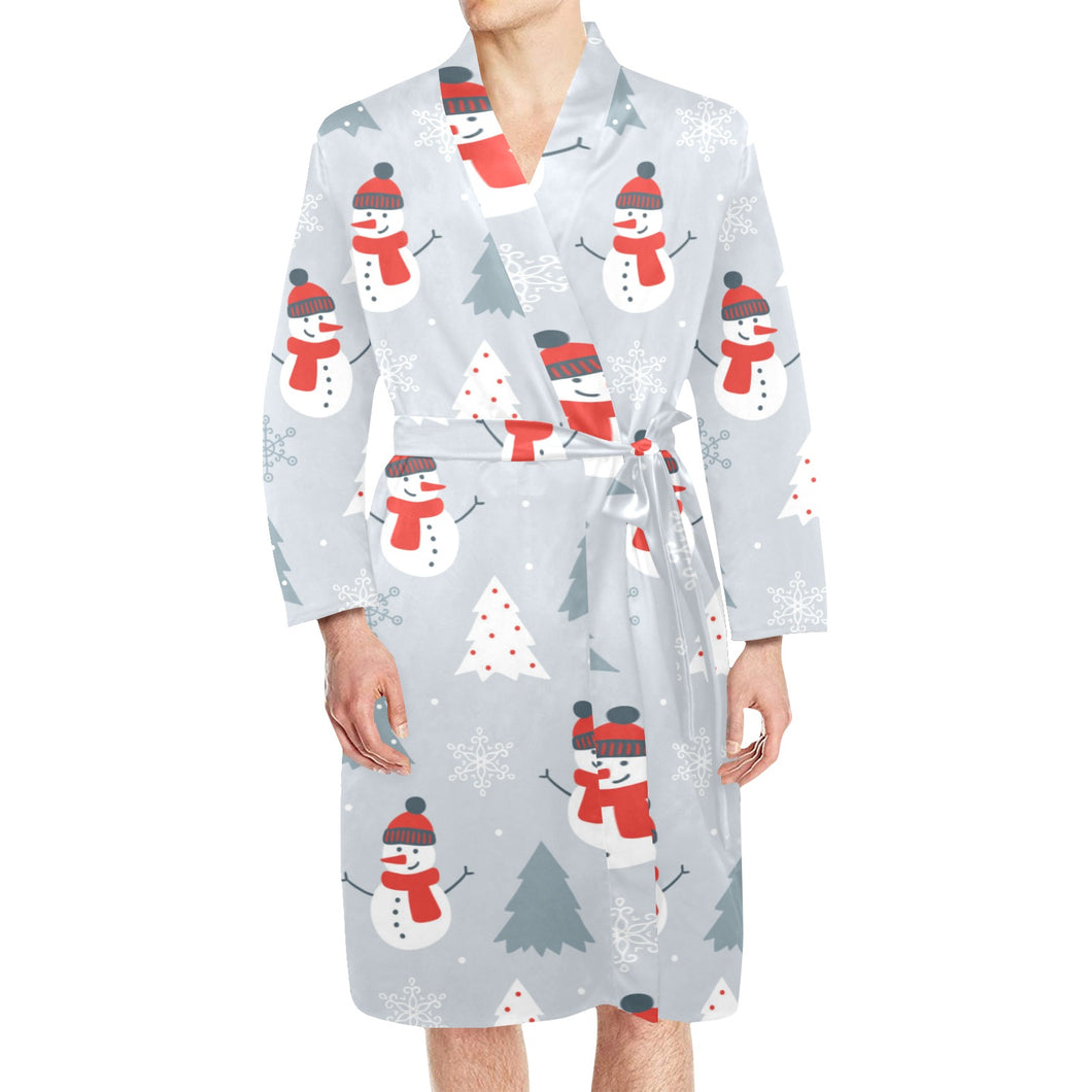 Snowman christmas tree snow gray background Men's Long Sleeve Belted Night Robe