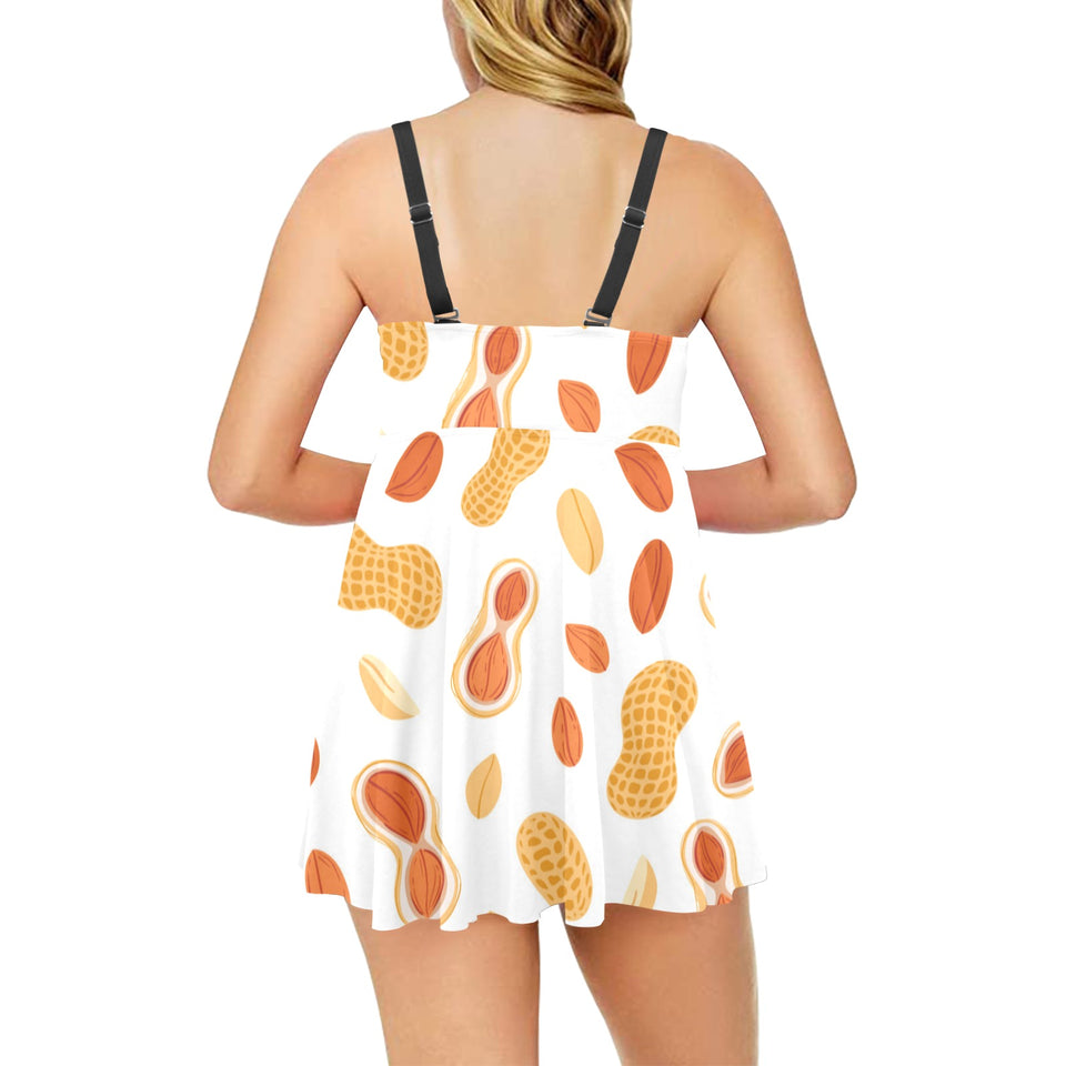 peanuts pattern Chest Sexy Pleated Two Piece Swim Dress