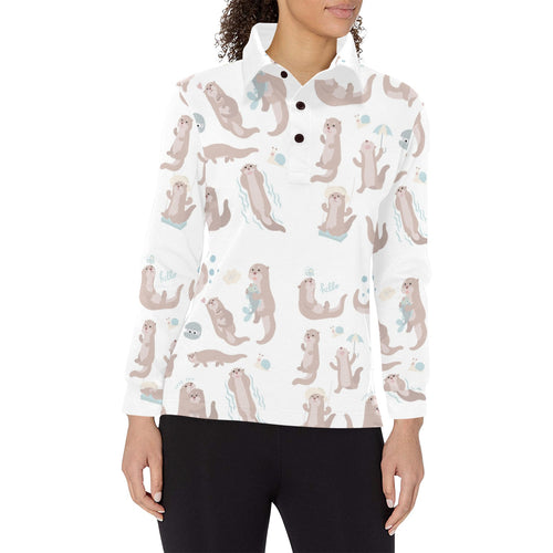 Cute sea otters pattern Women's Long Sleeve Polo Shirt