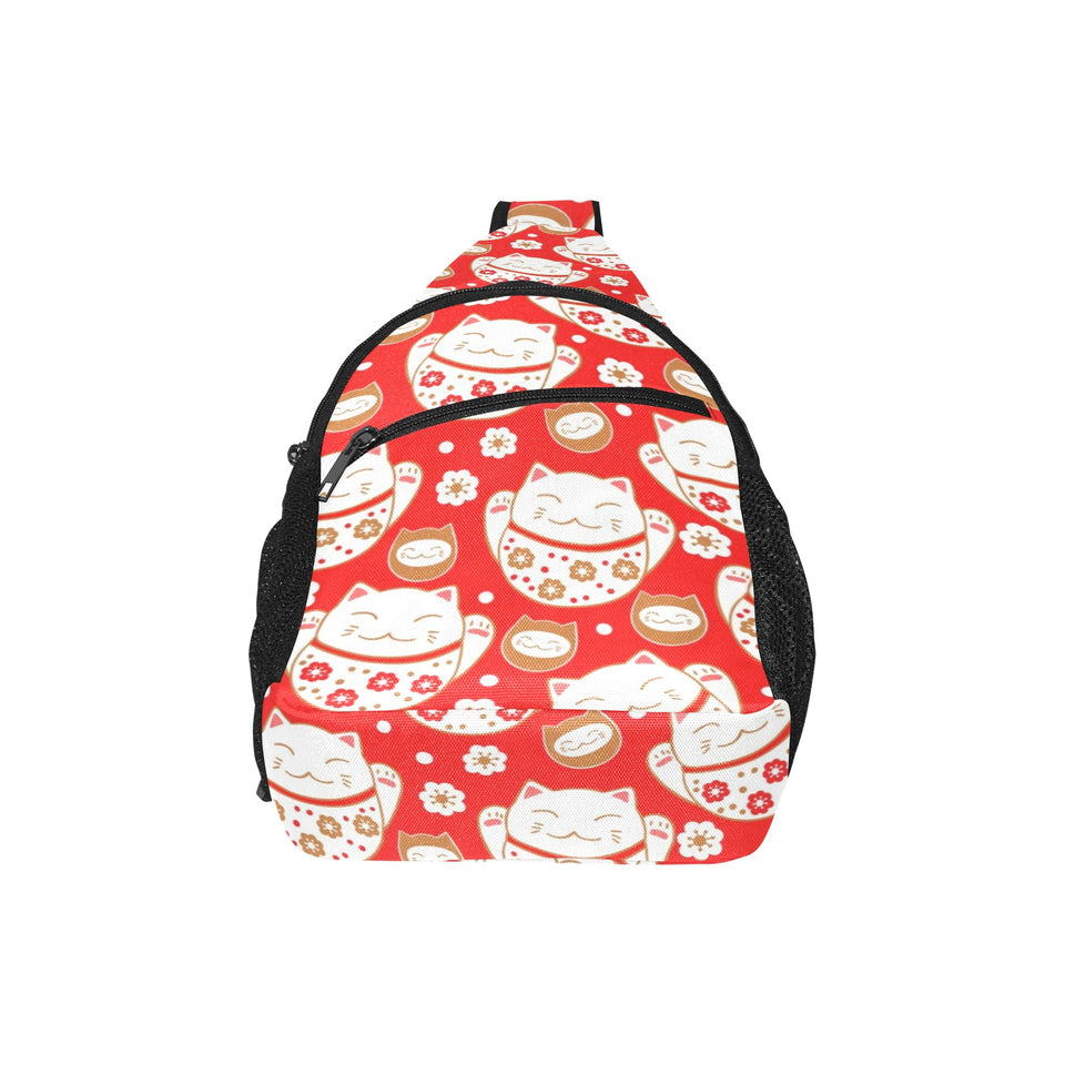 Cute Maneki neko cat red background All Over Print Chest Bag