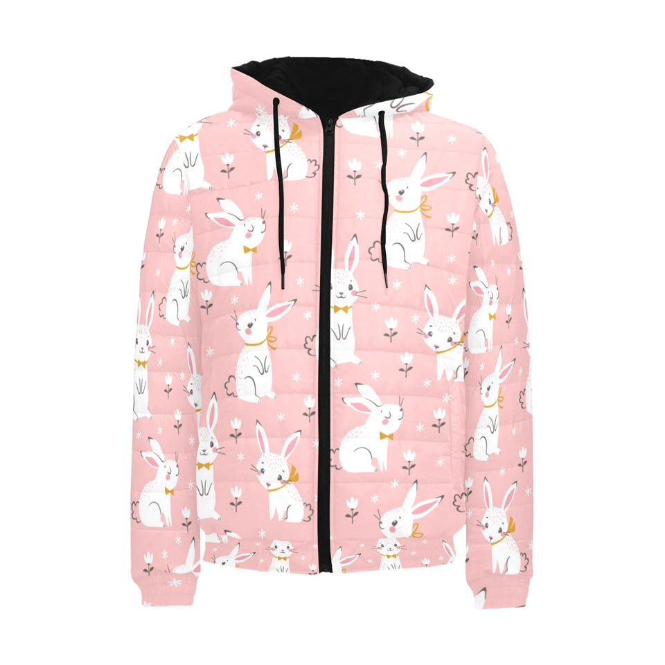 Cute white rabbit flower pink background Men's Padded Hooded Jacket