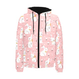 Cute white rabbit flower pink background Men's Padded Hooded Jacket