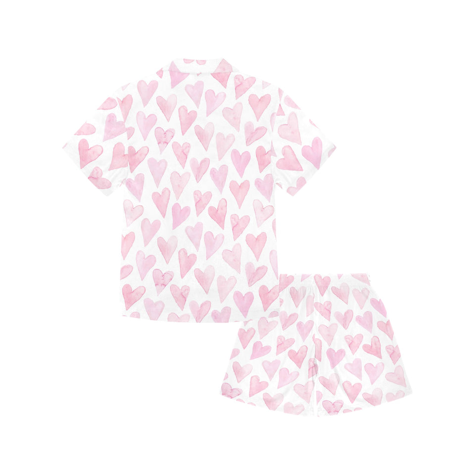 Watercolor pink heart pattern Kids' Boys' Girls' V-Neck Short Pajama Set
