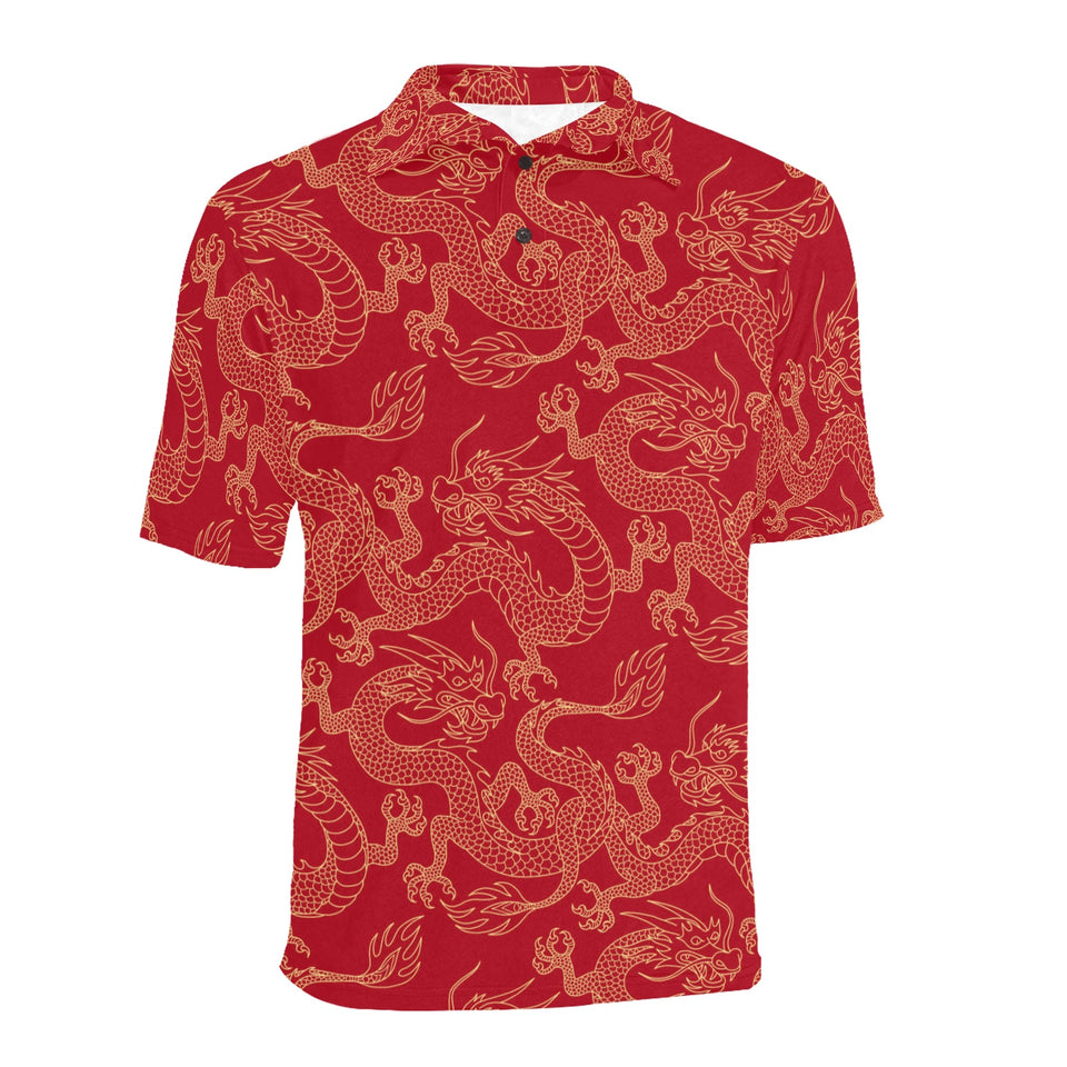 Gold dragons red background Men's All Over Print Polo Shirt