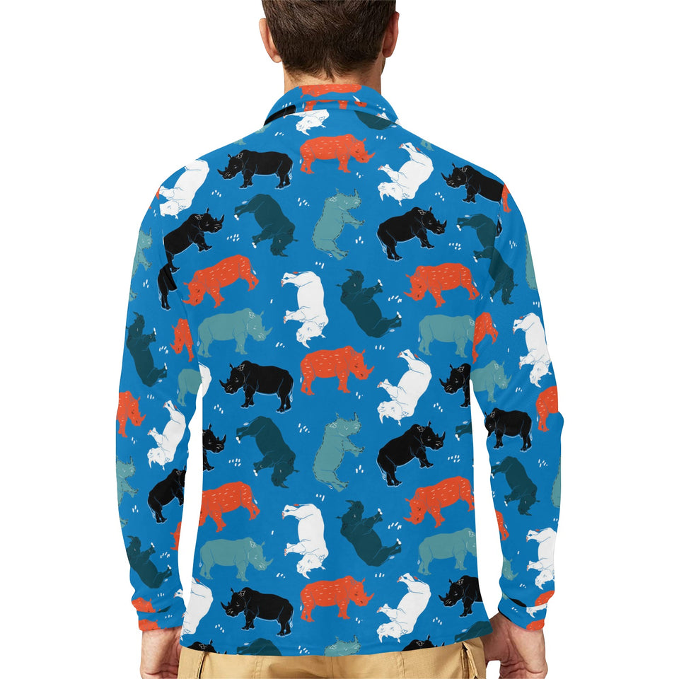 Colorful rhino pattern Men's Long Sleeve Polo Shirt