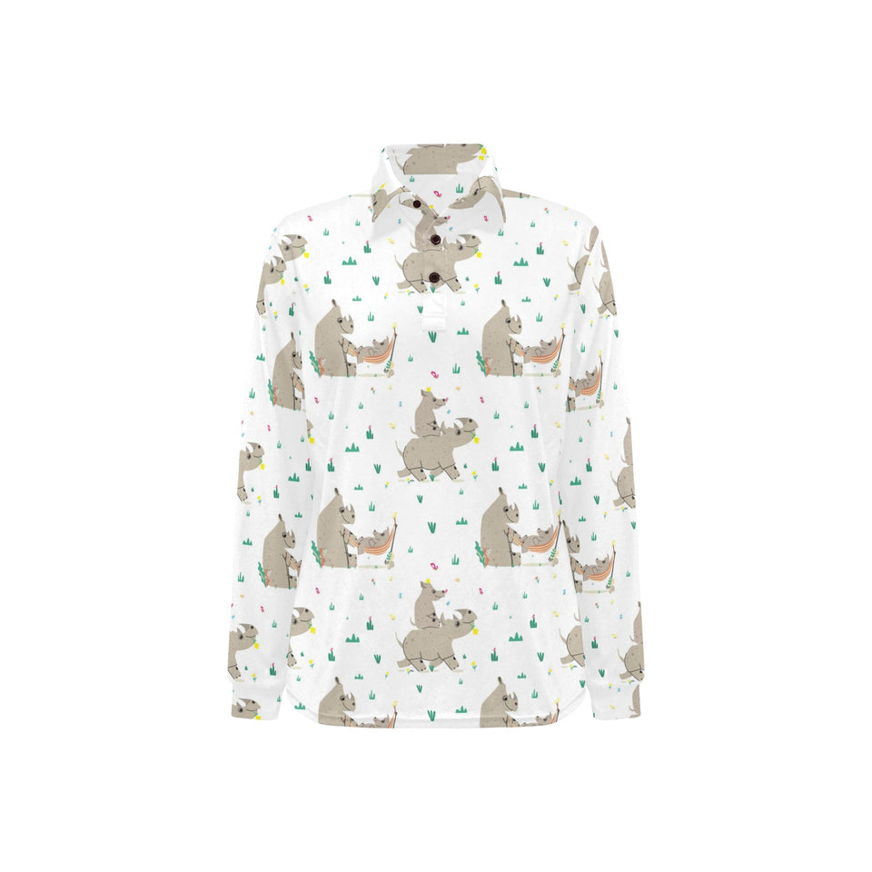 Cute Rhino pattern background Women's Long Sleeve Polo Shirt