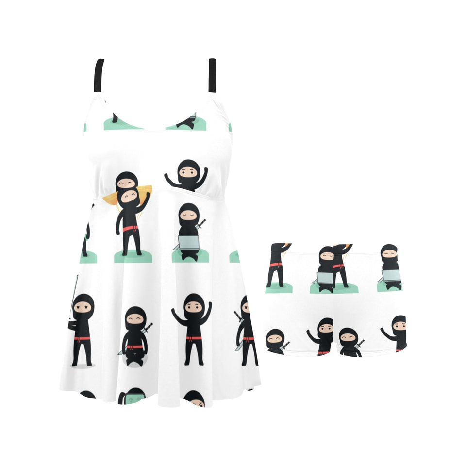 Cute ninja katana sword pattern Chest Sexy Pleated Two Piece Swim Dress