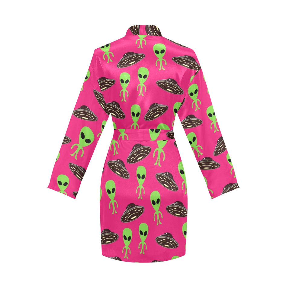Alien Pattern Print Design 03 Women's Long Sleeve Belted Night Robe